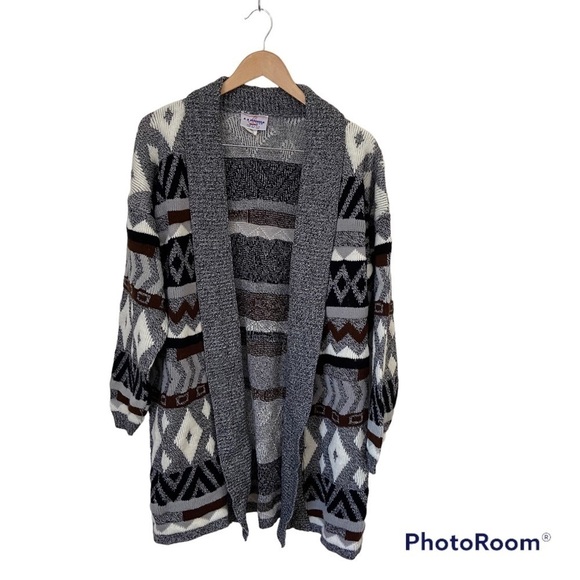 Vintage Southwestern Aztec Tribal Long Line Open Front Knit Cardigan Sweater - Picture 1 of 9